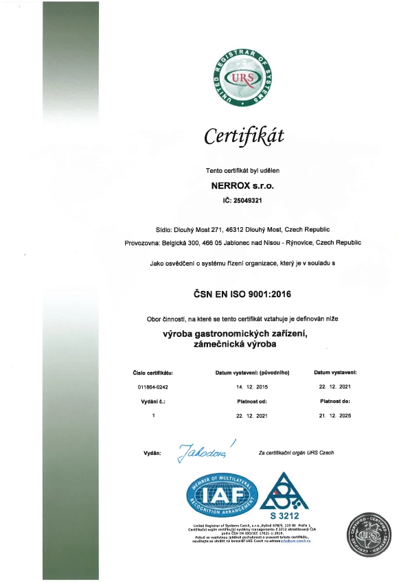 Certifikát o kvalitě ISO